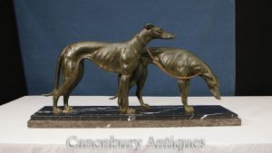 Pair Antique Art Deco Bronze Greyhounds Signed Salvatore Melani 1925 Hound