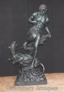 XL Bronze Man and Lion Battle Classical Statue by Barye Signed Barrie Architectural