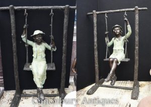 Lifesize Bronze Boy and Girl Swing Garden Statue Casting