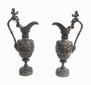 Pair Bronze Ewer Cherub Vases Antique 1860 Bacchus
