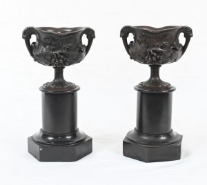 Pair Bronze Grand Tour Urns on Stands Marble Pedestal 1880